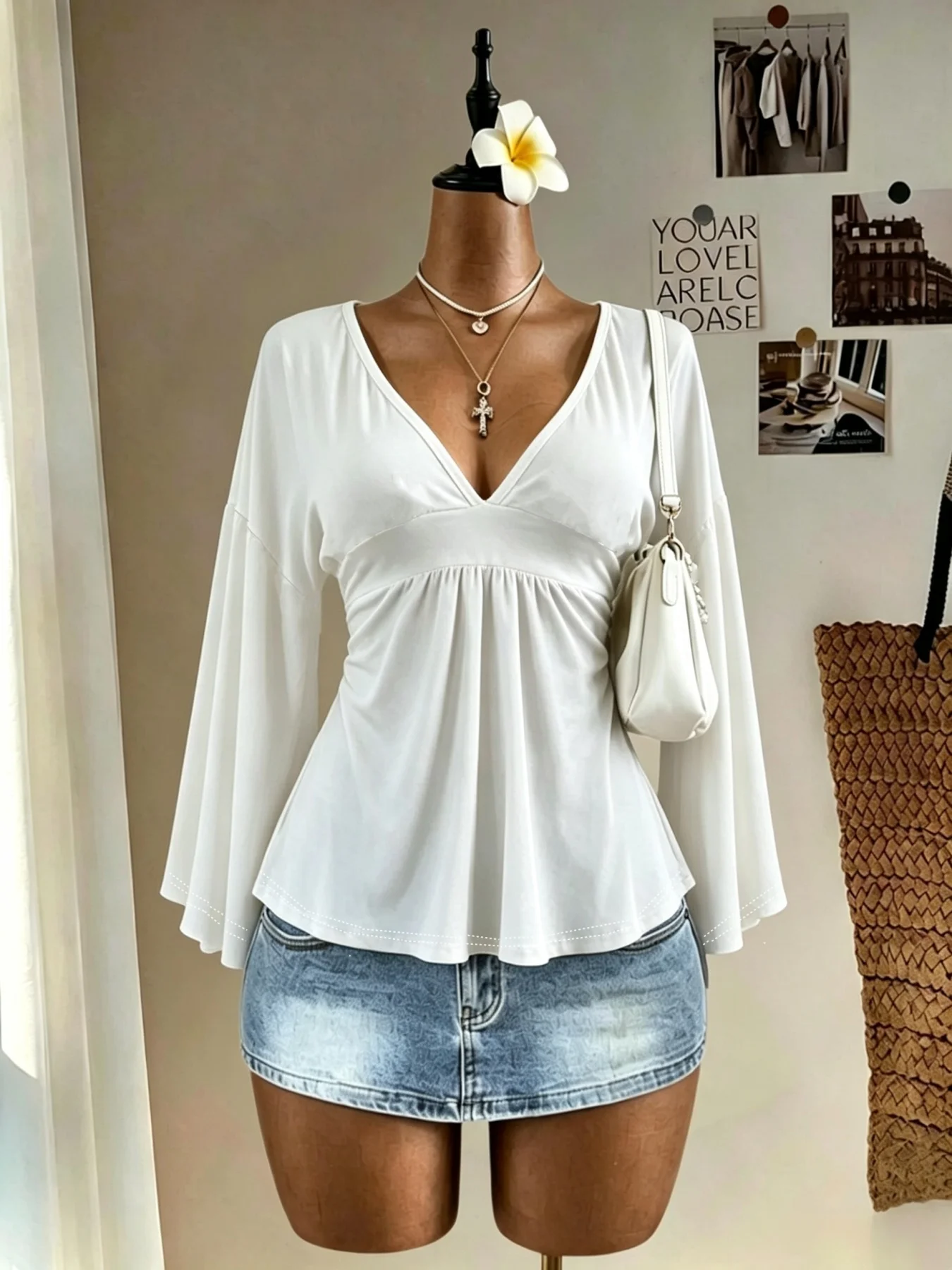 Women Deep V‑Neck Bell Flare Sleeve Peplum Blouse Empire Waist Loose Swing Hem Casual Daily Going‑out Top