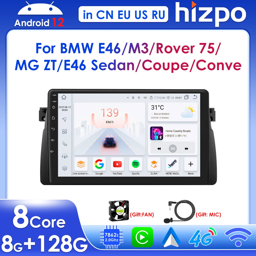 

Hizpo Wireless Carplay for BMW E46 M3 Rover 75 MG ZT Coupe Sedan 1998-2006 Android 12 Car Radio Multimedia Player GPS BT DSP RDS