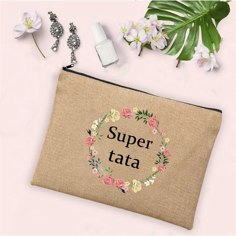 Super Tata Wreath-bolsas de maquillaje de lino con estampado para mujer, Neceser de viaje con cremallera, organizador de artículos de tocador, los