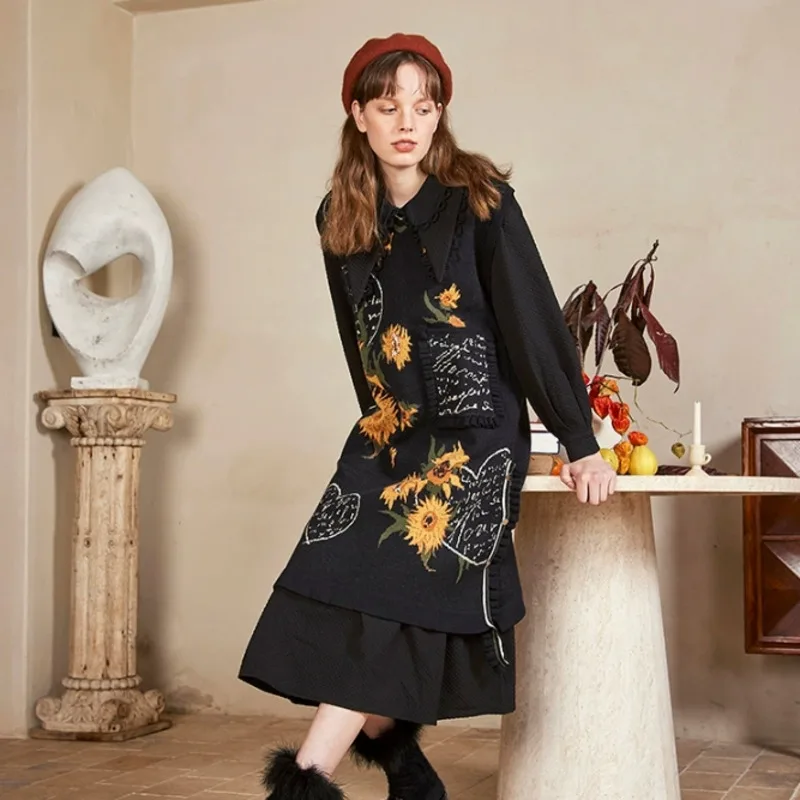 Autumn Winter Vintage Van Gogh Sunflower Sweater Dress Set Long Knitted Vest Peter Pan Collar Dress Suit Women Loose Streetwear