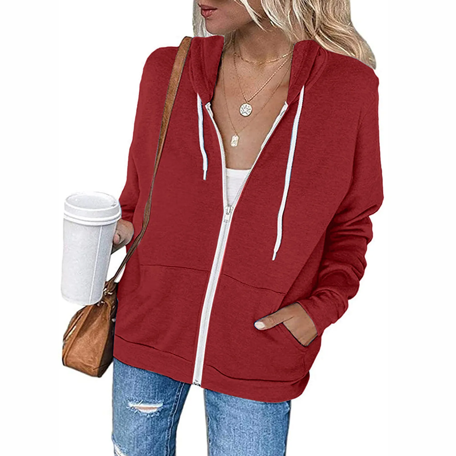 

Womens Solid Color Sweatshirt Coat Spring Autumn Long Sleeve Hooded Drawstring Pockets Coat Zipper Placket Thickened Outerwear