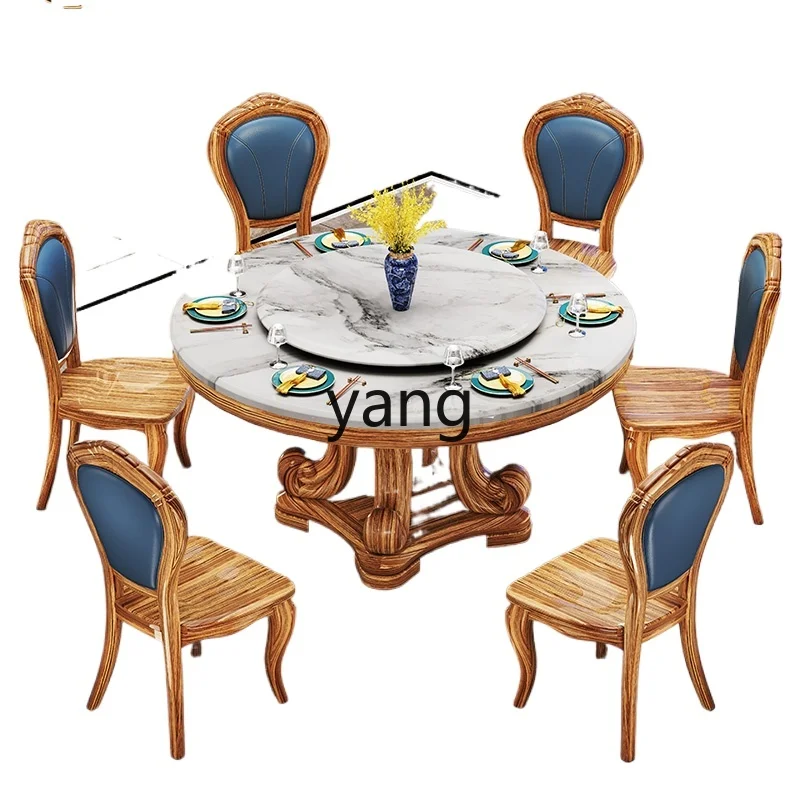 

LZR European ebony marble dining table and chair combination new Chinese villa large apartment round dining table