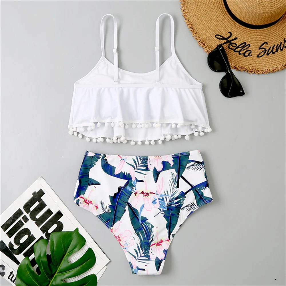 Bikini con estampado Vintage para Mujer, traje de baño de cintura alta con volantes, Tankini con tirantes, trajes de playa florales, traje de baño, Traje Bano para Mujer