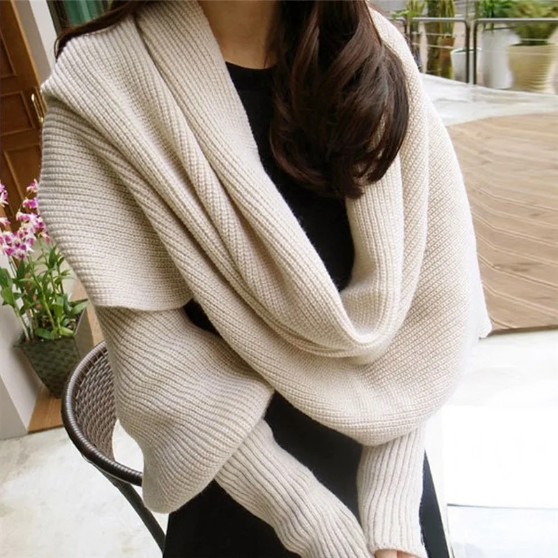 European Style Winter Women Long Scarf with Sleeves Wool Knitted Scarves for Women Thick Warm Casual Shawl High Quality