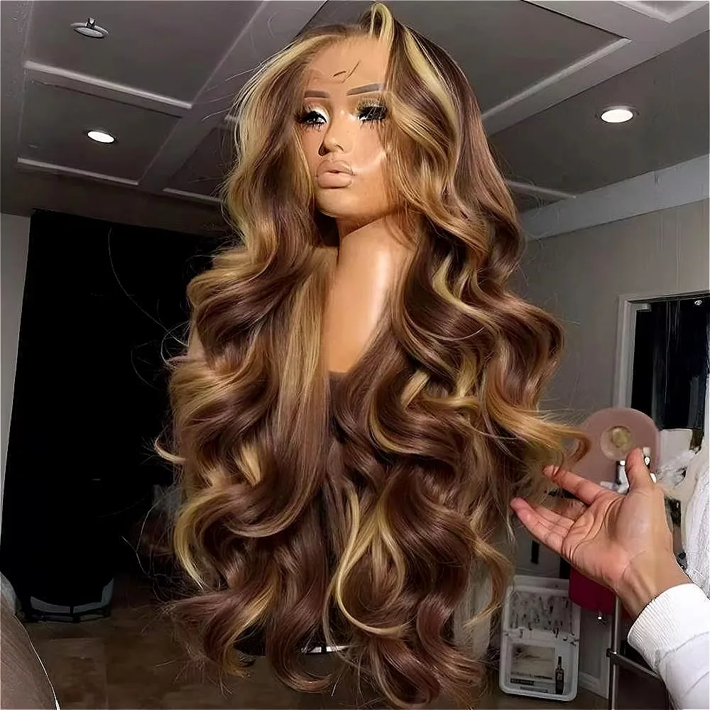Peruca Frontal de Renda Loiro Mel de 30 Polegadas, Cabelo Humano, Sem Cola, Destaques Ondulados, Densidade 250%, Peruca de Cabelo Humano Colorida, Peruca Frontal de Renda HD 13x4 para Mulheres, Cor 4/27, Pré-Alongada com Baby Hair
