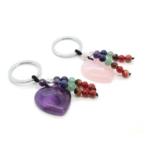 LLavero de cristal de corazón de amatista Natural, llavero con borla de piedras preciosas curativas de 7 Chakras para mujeres y niñas, llavero decorativo, joyería para hombre