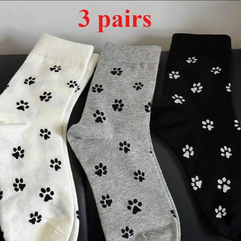 

3 Pairs of Cute Cat Paw Patterns and Comfortable Mid Length Socks Suitable for Personalized Long Socks on Daily Streets