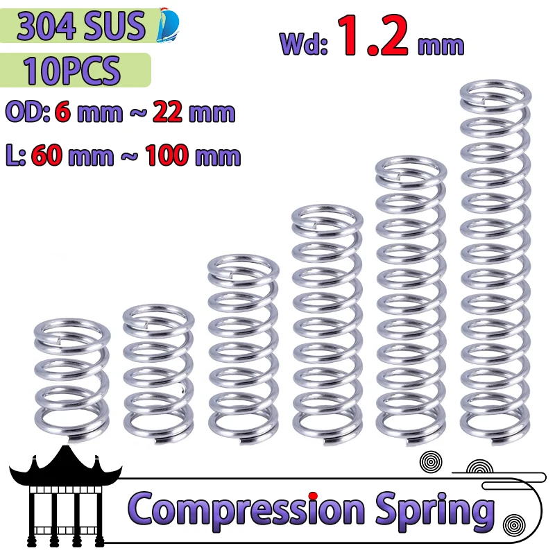 Wire Diameter 1.2 mm Y-type Rotor Return Micro 304 Stainless Steel Compression Pressure Spring OD 8mm-22mm Length 60mm to 100mm