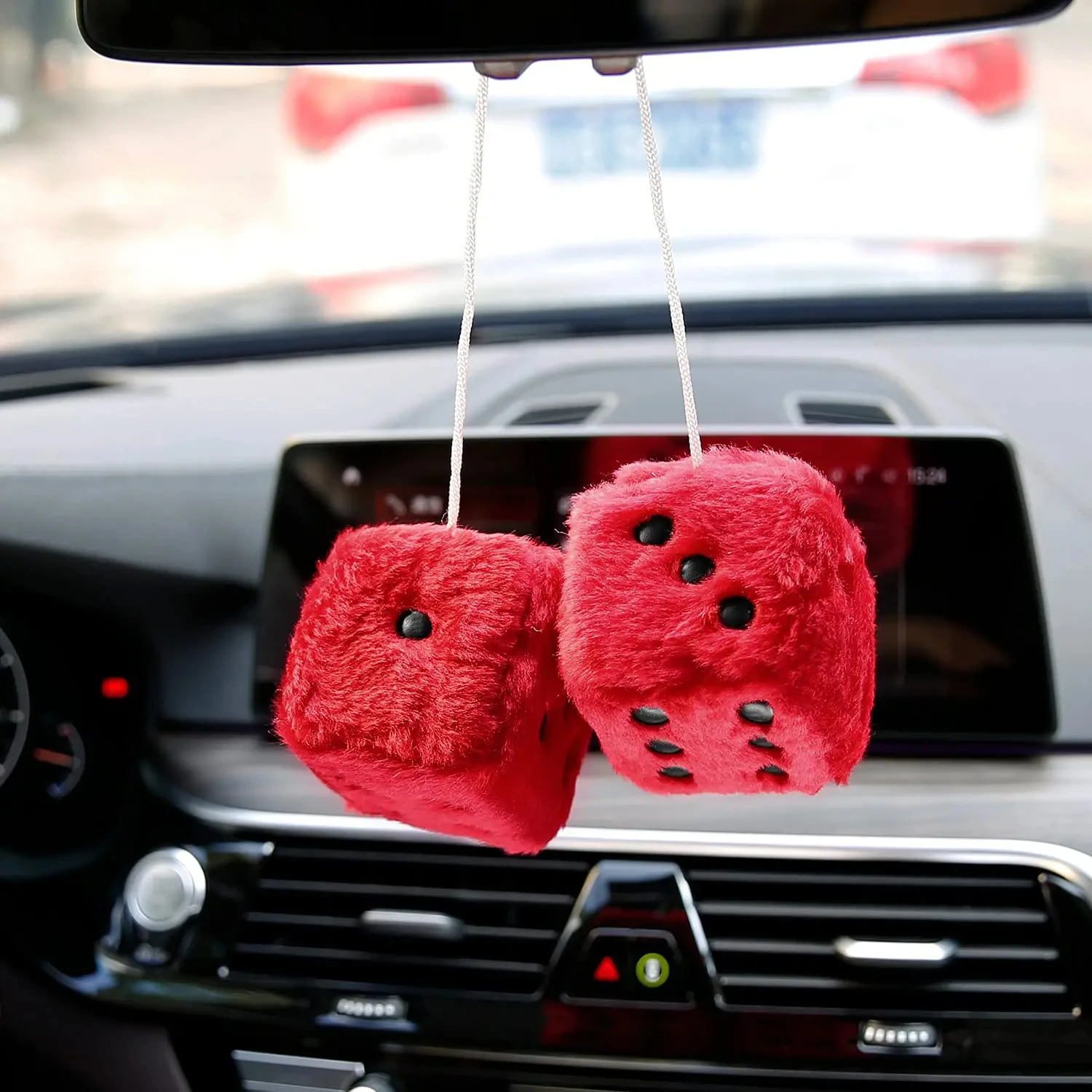 Pair of Retro Square Mirror Hanging Couple Fuzzy Plush Dice with Dots for Car Decoration