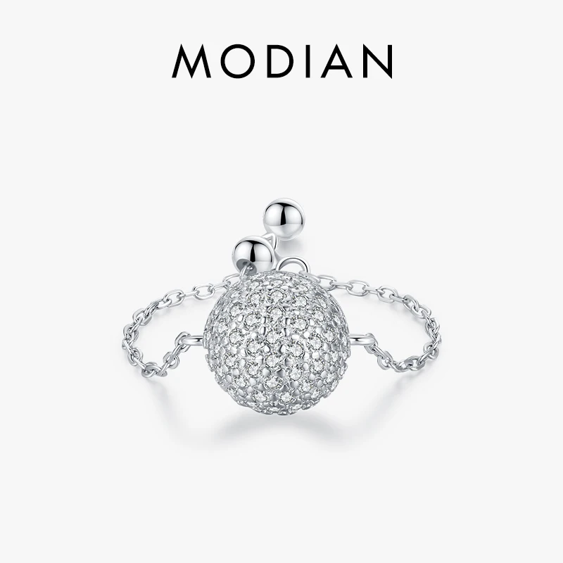 MODIAN Genuine 925 Sterling Silver Dreamy Crystal Ball Ring For Women Fine Jewelry Dazzling Link Chain Ring Wedding Party Gift