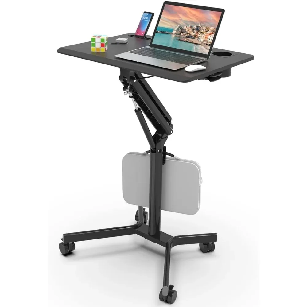 Mobile Standing Desk, 28 inch Small Height Adjustable Rolling Laptop Desk, Portable Sit Stand Desk with Lockable Wheels