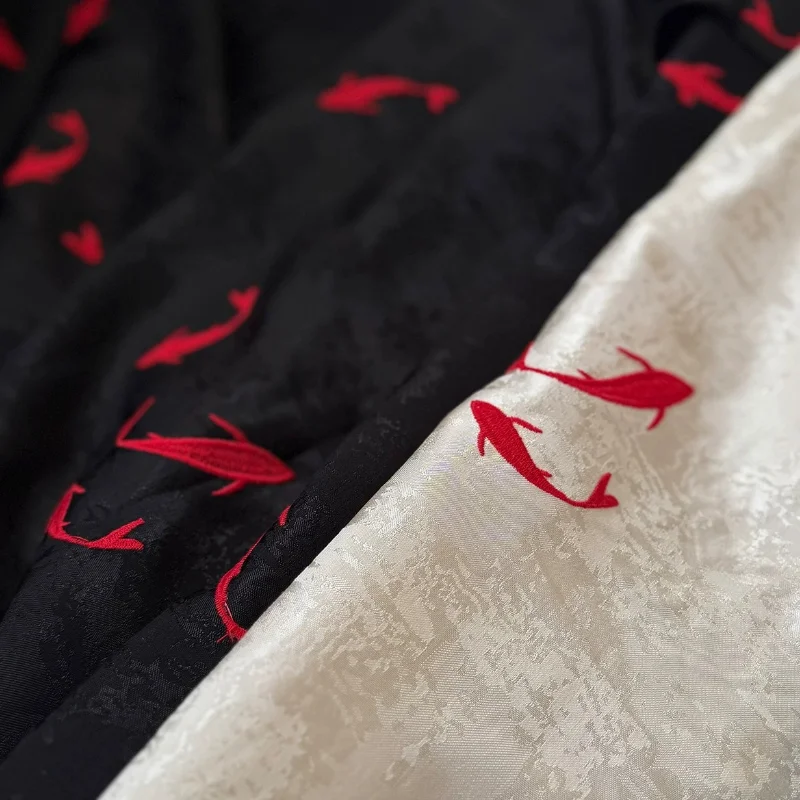 

Black Chinese Style Embroidery Koi Fish Pattern Fabric Summer Lightweight Dress Qipao Material Soft DIY Clothing Sewing Craft