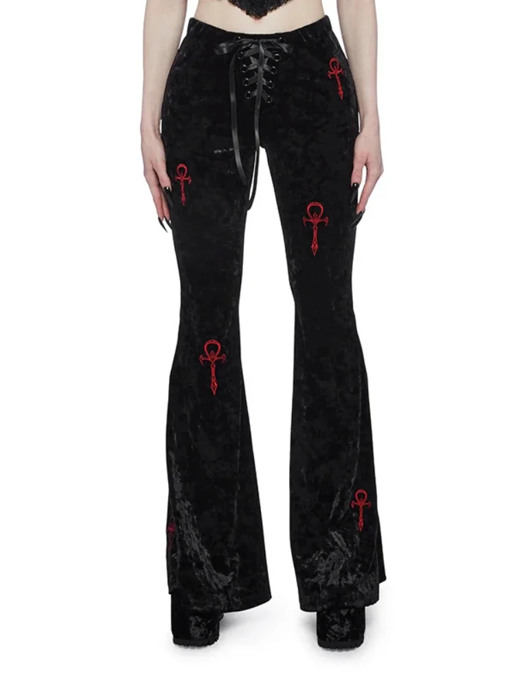 AltGoth Mall Gothic Velvet Flare Pants Women Streetwear Harajuku Cross Embroidery High Waist Pants Aesthetic Y2k Punk Trousers