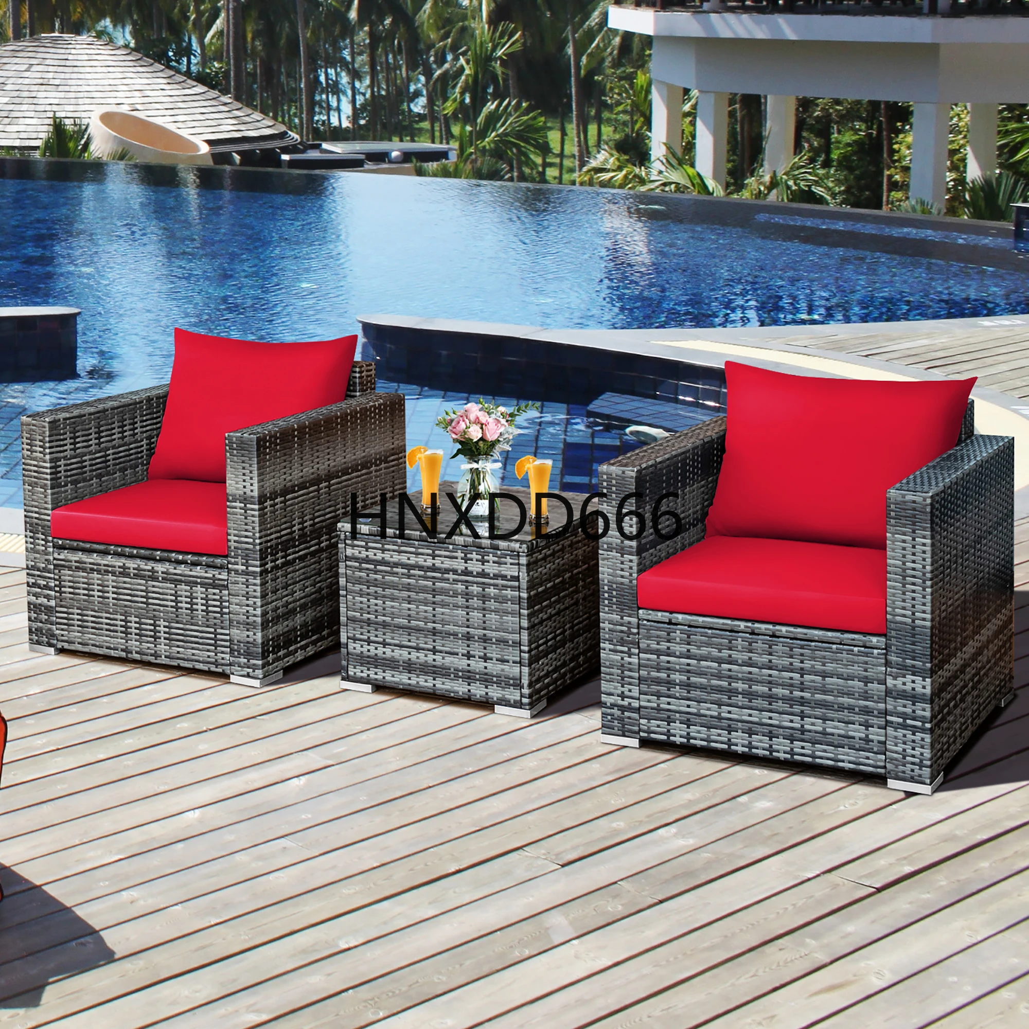 3 PC Patio Rattan Furniture Bistro Set Cushioned Sofa Chair Table Red