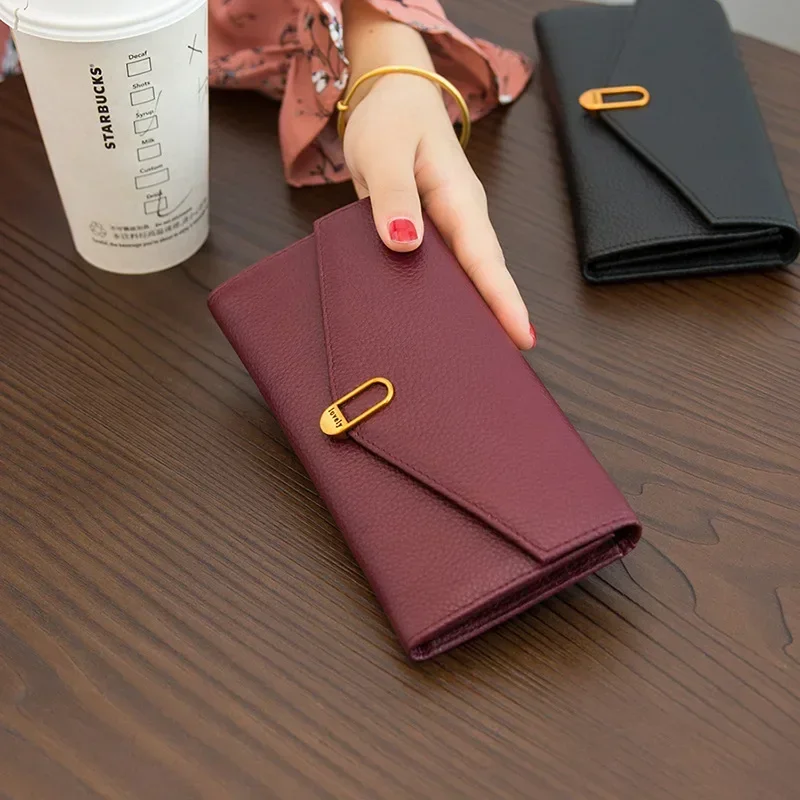 Women Long Genuine Cow Leather Wallets Thin Soft Real Leather Cellphone Card Holder Solid Money Clip Purse 8Z