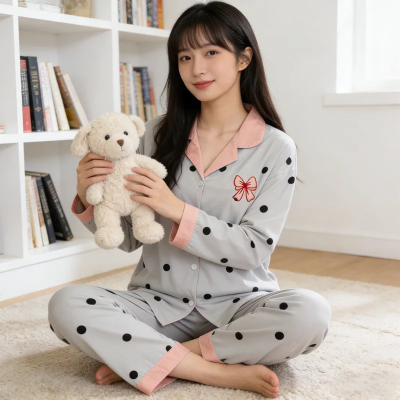 

Spring and Autumn Sweet Princess Style Lace Bow Cloud Cotton Long Sleeve and Long Pants Cardigan Pajamas Women's Cute Outfit Set