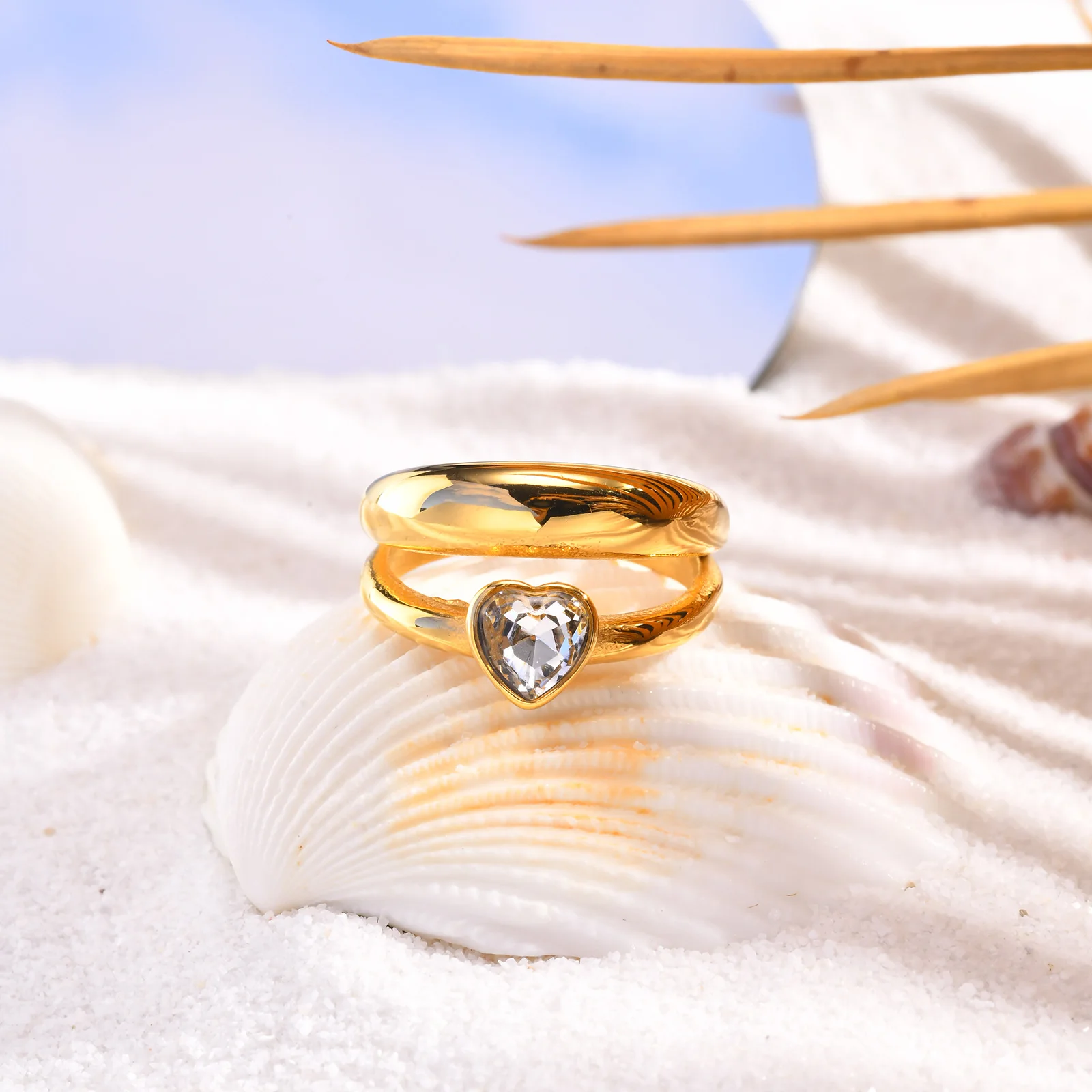 Double-layered Heart Ring, Love Shape Cubic Zirconia Promized Ring for Women, Hypo-allergenic 316L Stainless Steel Jewelry image 5