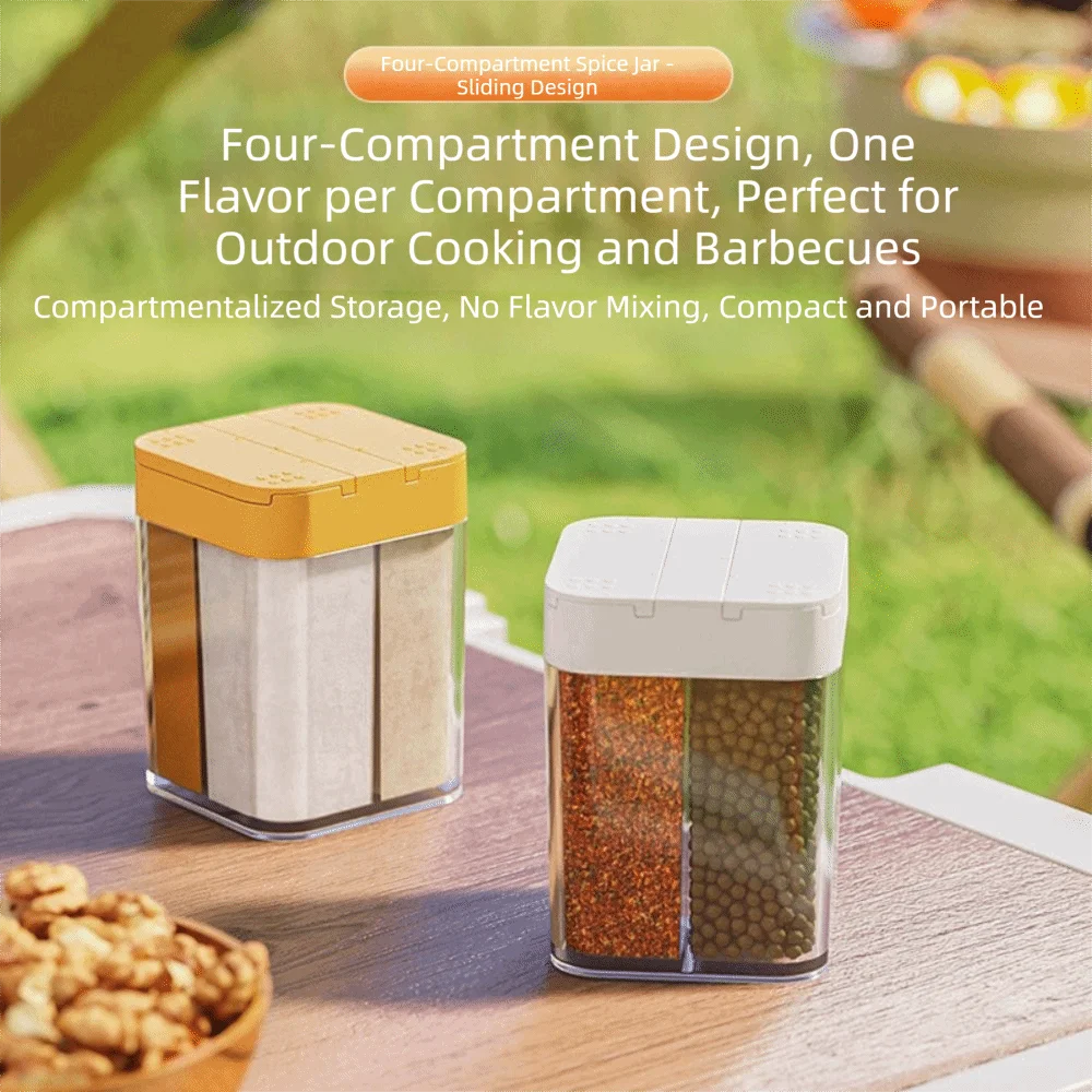 Four In One Spice Dispenser Sliding Cover Transparent Plastic Seasoning Container Adjustable Holes Four Compartments