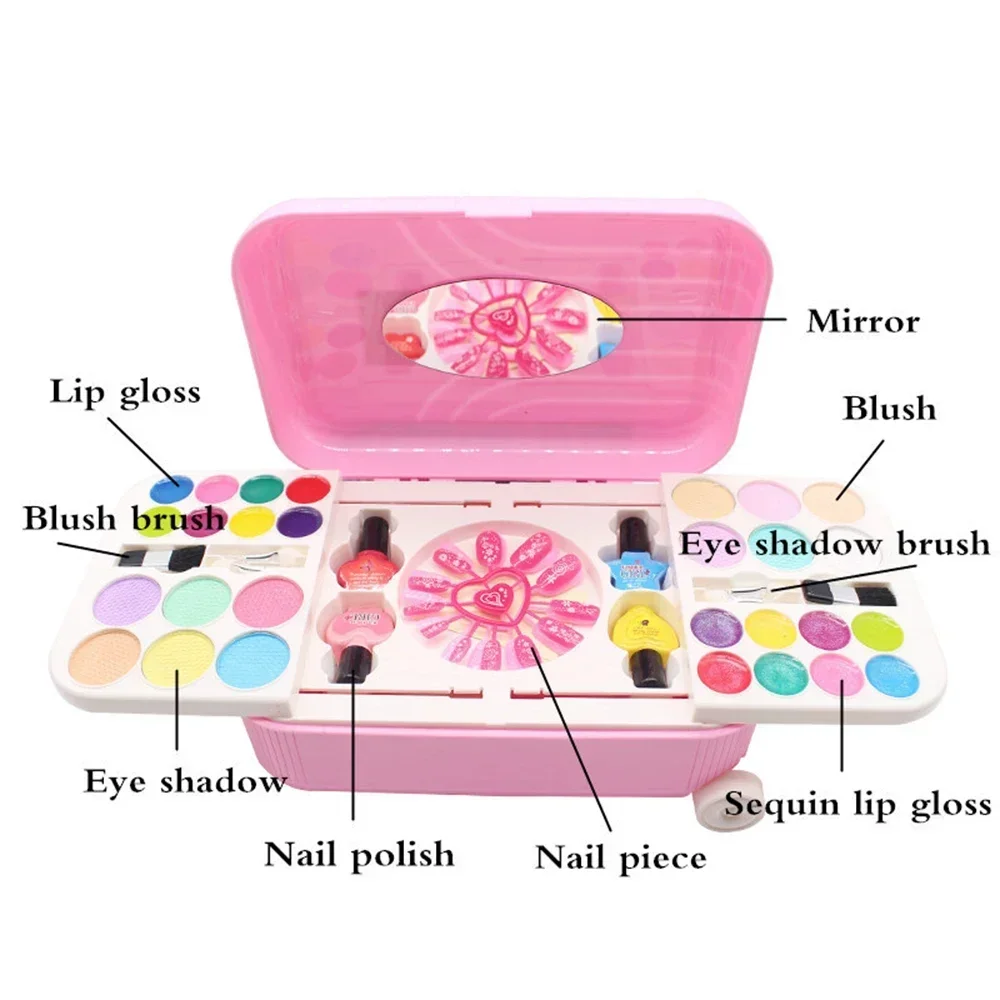 Kids Pretend Play Make Up Toy Set Princess Pink Makeup Beauty Safety Non-Toxic Kit Toys Girls Dressing Cosmetic Slide Travel Box