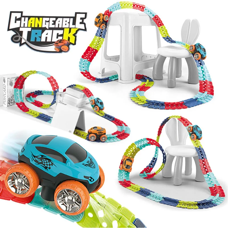 Rechargeable Kids Track Cars For Boy Flexible Track with LED Light-Up Race Car Set Anti-gravity Assembled Track Car Gift for Kid