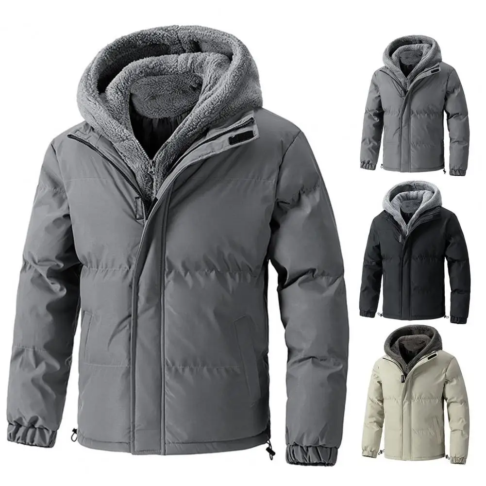 Windproof Winter Jacket Double-layered Jacket Men's Hooded Cotton Coat with Plush Lining Zipper Placket Thermal for Winter