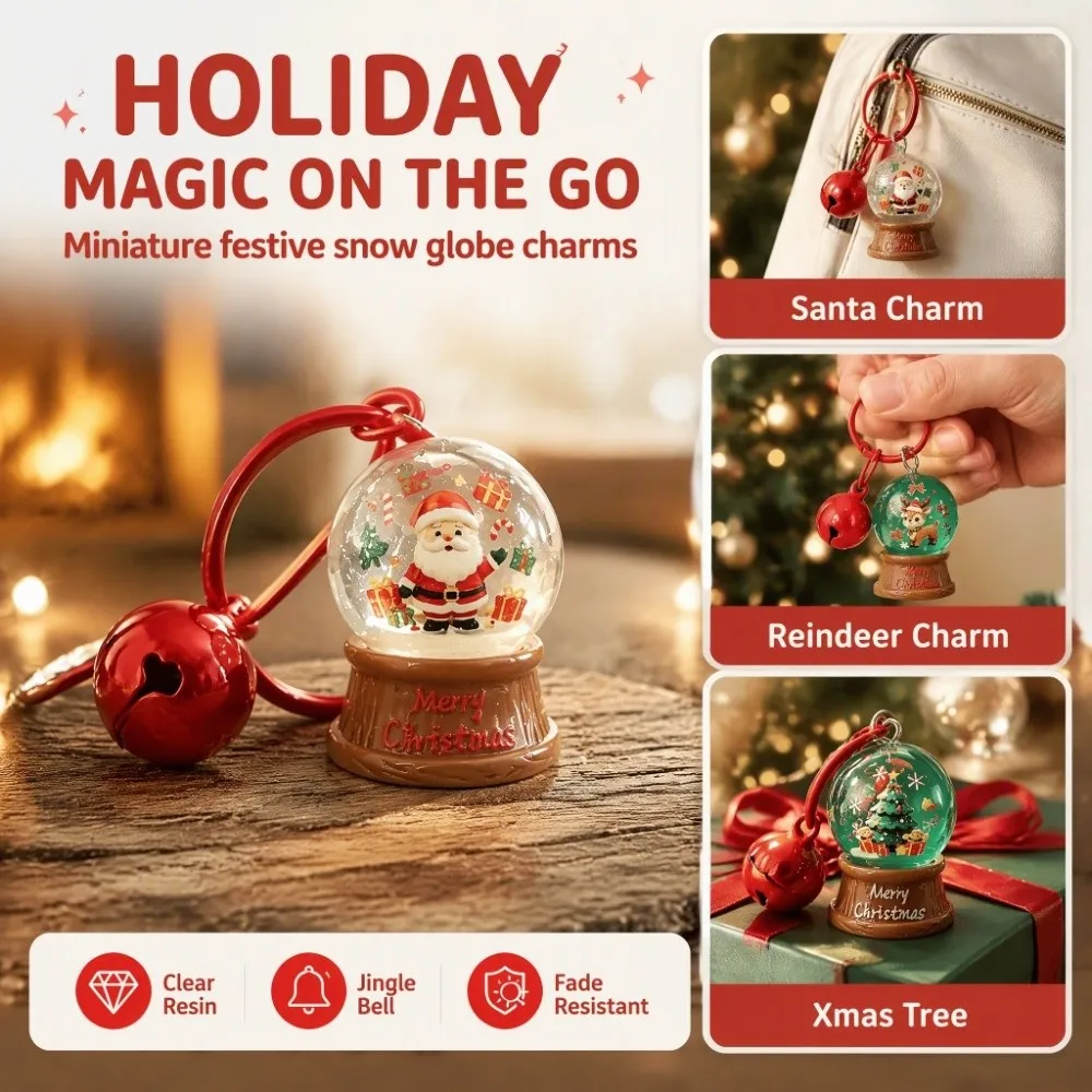 Weihnachtskugel-Schlüsselanhänger aus Harz mit roter Glocke, Miniatur-Szene, Weihnachtsmann-Schlüsselanhänger, lichtbeständig, handgefertigt – Detail 2
