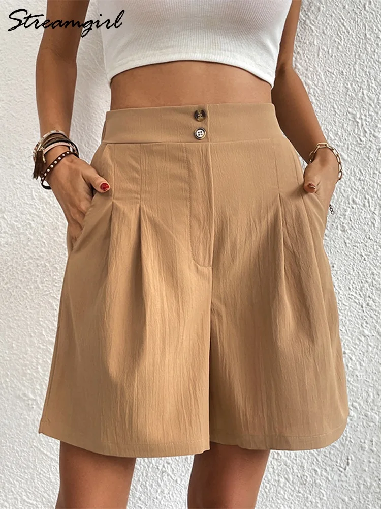 Streamgirl Khaki Long Shorts Women High Waist Summer Solid Loose Black Office Pocket Knee-length Shorts For Women Long