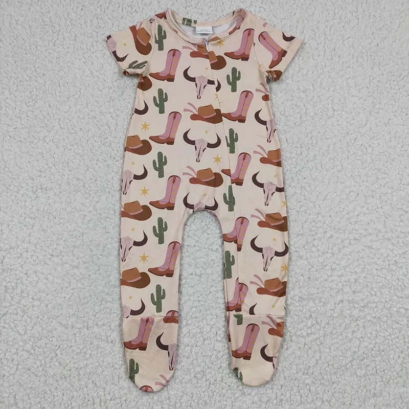 

Baby Girl Western Cow Zipper Romper Bodysuit Snap Botton Footed Boots Jumpsuit Kids Toddler One-piece Newborn Summer Coverall