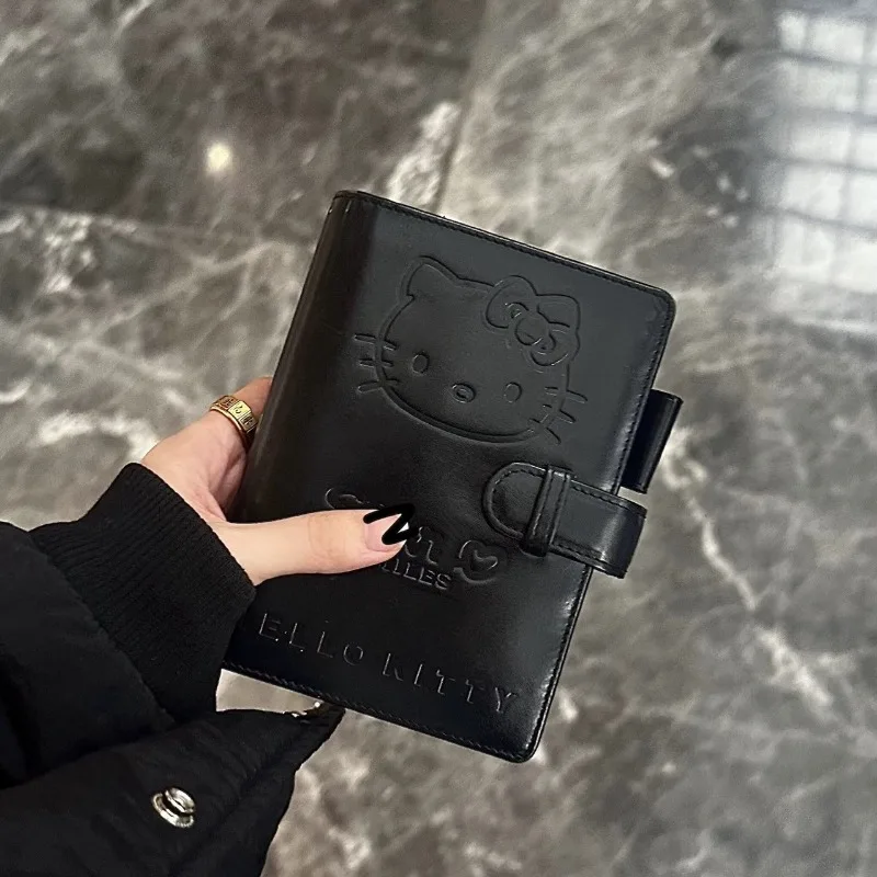 Kawaii Kitty A7 Retro Small Notebook - Black Faux Leather Binder, Portable Diary Set with Card Holder, 40 Pcs Blank Pages