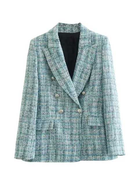 2023 Spring Women Traf Jacket Ornate Button Tweed Woolen Coats Female Casual Thick Green Blazers Blue Outerwear