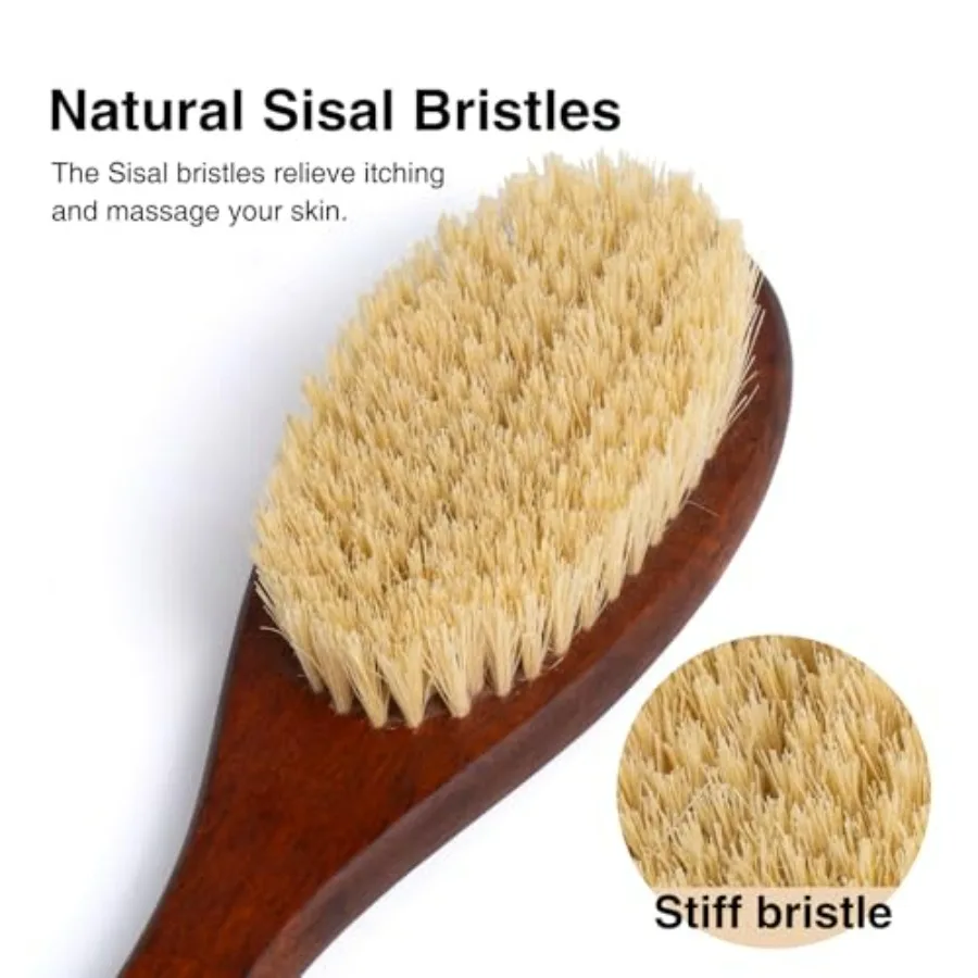 Wooden Bath Brush with Stiff Sisal Bristles Long Handle for Shower Back Scrubber Body Exfoliator, with Hook for Hanging Stiff S