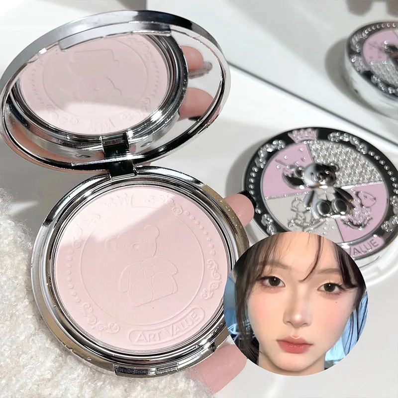 Face Powder Oil-Control Pressed Powder Waterproof Long-Lasting Cute Bear Matte Finish Concealer Makeup Setting Compact Powder