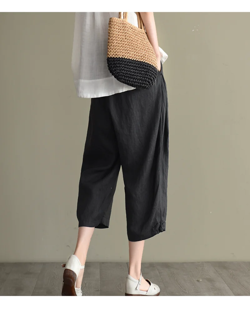 Retro Artistic Lantern Pants Loose Slimming Harlan Nine-Piece Women's Cotton Linen Blend Casual Trousers High Waist Commute S...