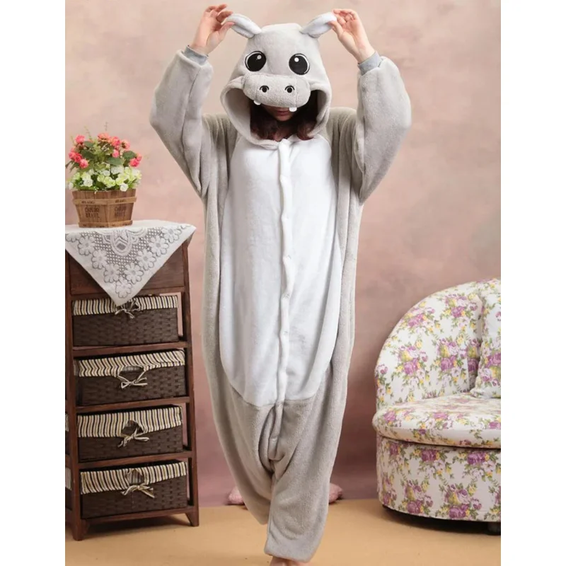 Gray Hippo Animal Pajamas Unisex Adults Flannel Onesies Sleepwear robe boys clothes cartoon pajamas Cosplay Costume