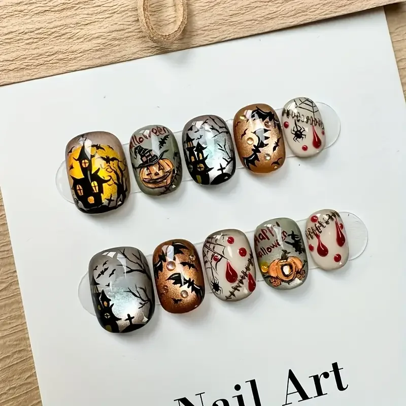 

10pcs Halloween Press On Nails Cute Graffiti Cat Eye Wearable Nail Stickers for Women Sweet and Cool Full Coverage Fake Nail