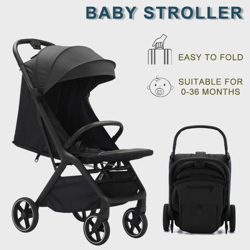 

Lightweight Foldable Baby Stroller, Compact Portable Travel Pram with Canopy & Storage Basket, Black Infant Pushchair for Airplane & Daily Use