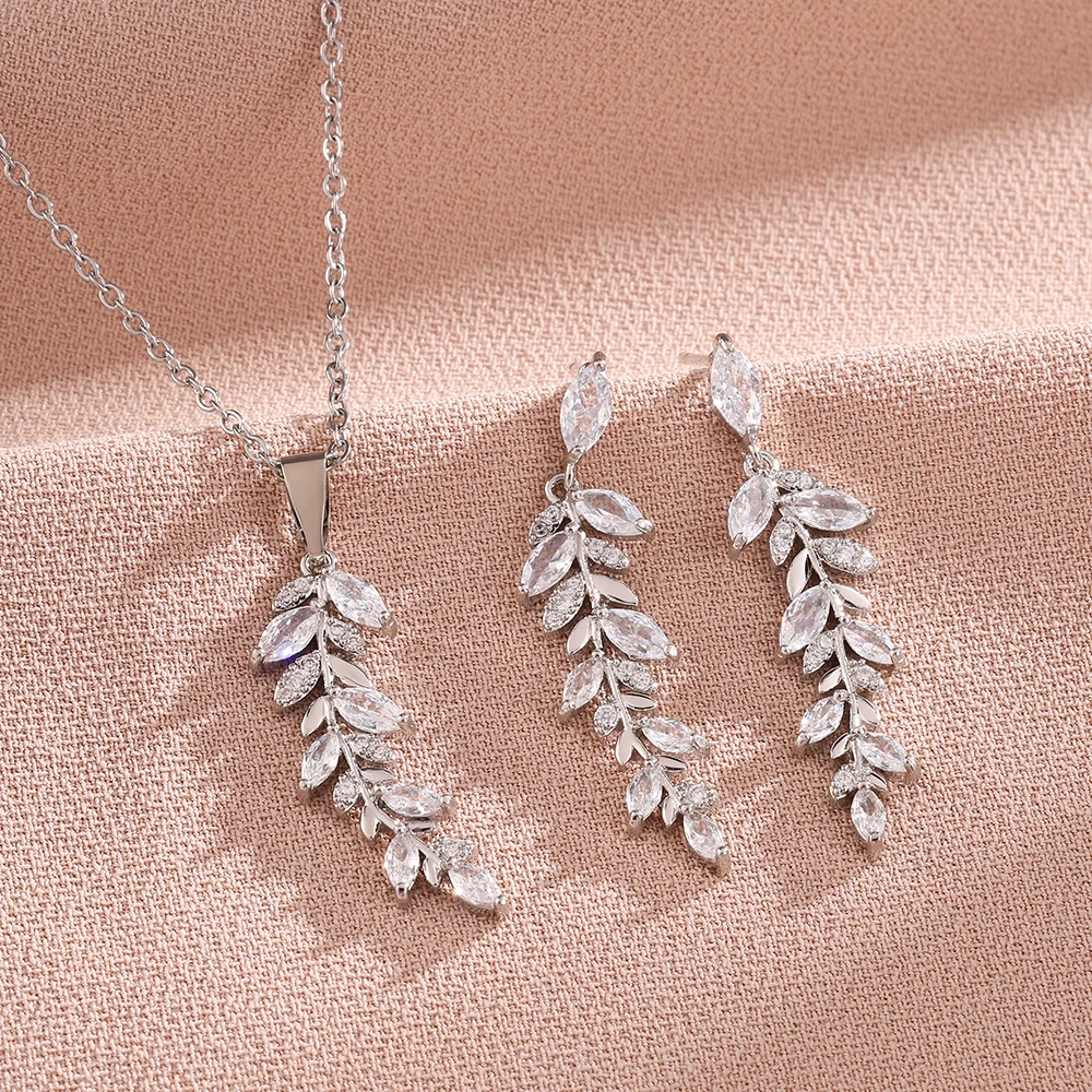 ZAKOL Wunderschönes Blatt-Cubic-Zirkonia-Ohrringe-Halsketten-Schmuckset für Damen, elegante Accessoires für Hochzeiten und Partys, Schmuckgeschenk – Detail 4