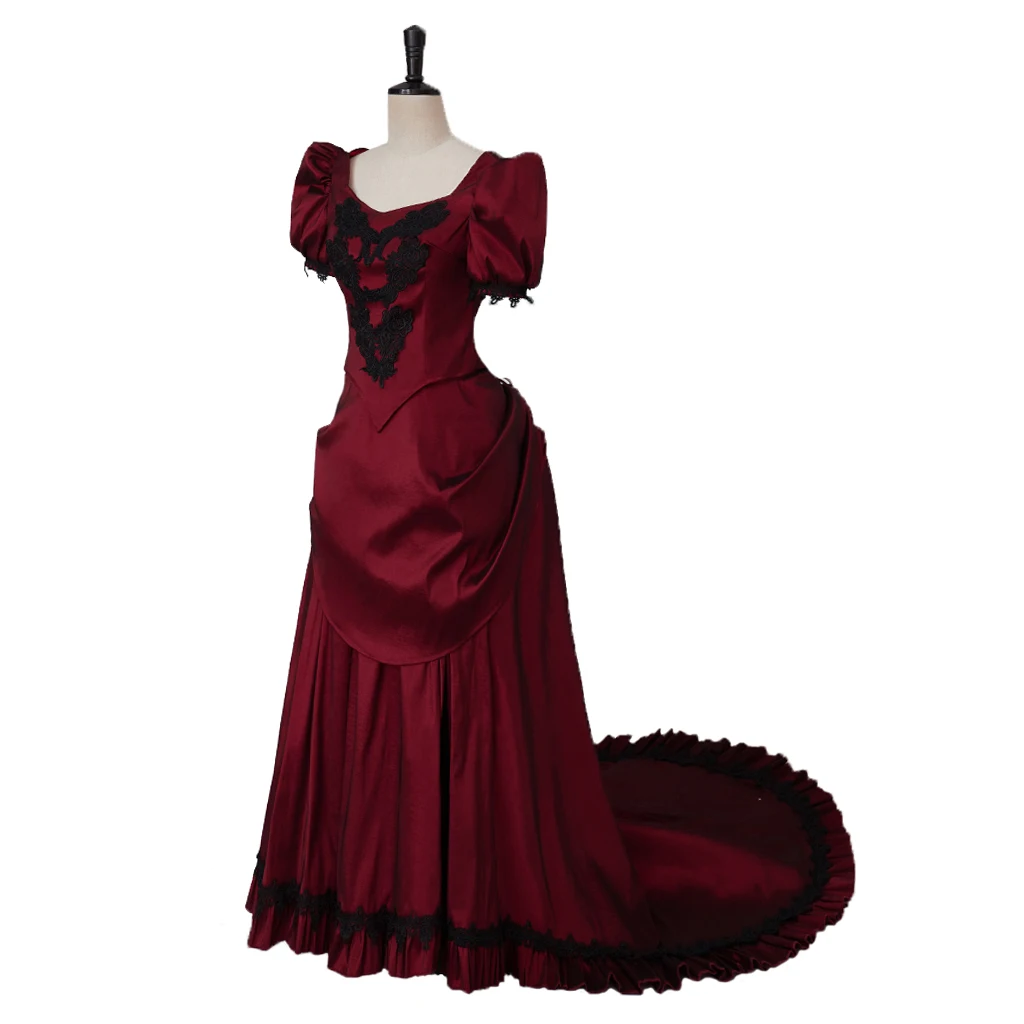 Victorian Red Bustle Ball Dress Vintage Evening Dress Gothic Red Square Collar Ball Gown Southern Belle Dress Halloween Clothing