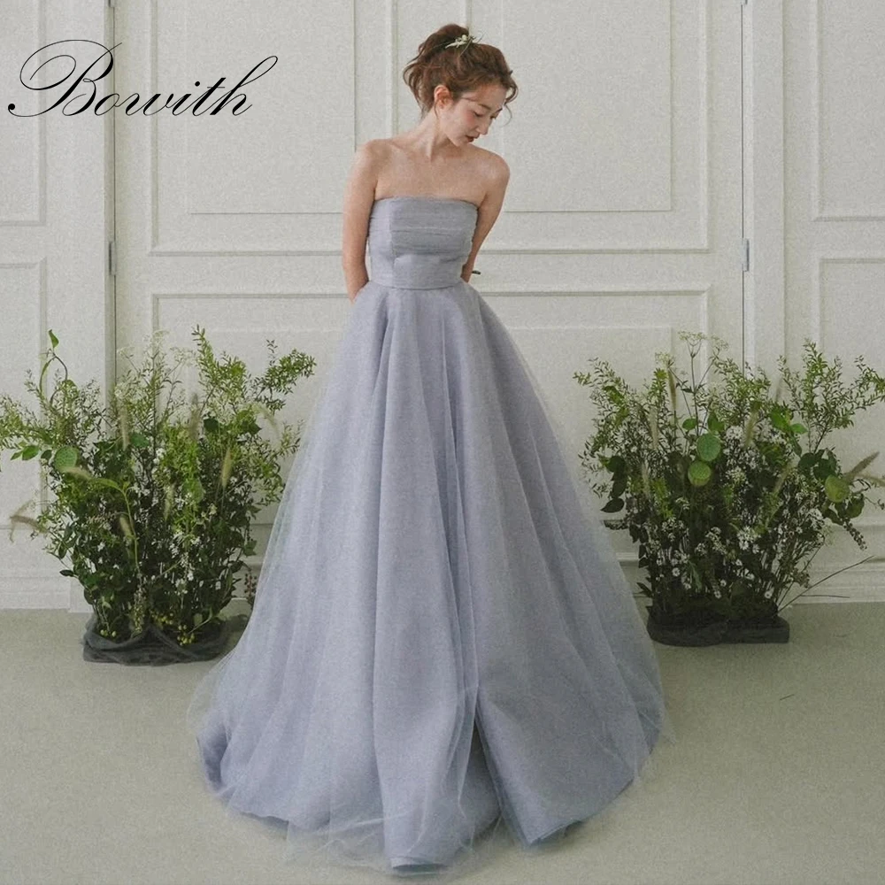 

Bowith Simple Korean Style Evening Dresses Strapless A-Line Soft Tulle Party Dresses Floor-Length Elegant Prom Dresses Women