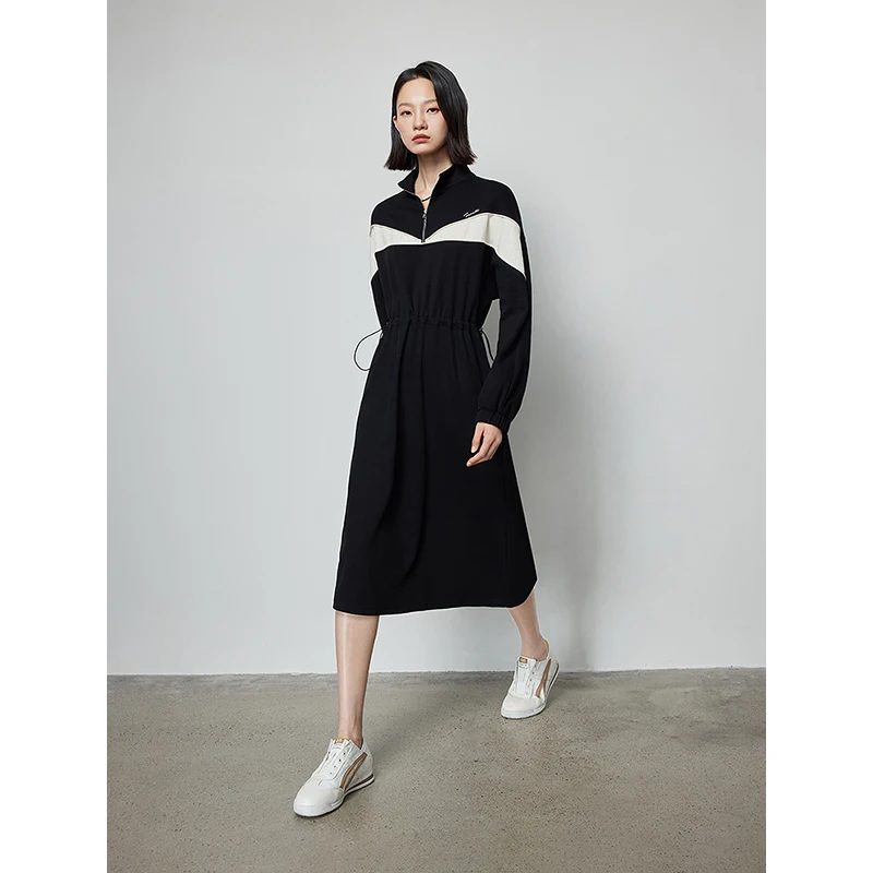 TOYOUTH Women Casual Dress 2024 Spring New Contrast Color Patchwork Zipper Lapel Collar Elastic Waist Midi Length Dress