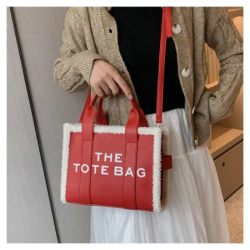 Bolso de mano grande con letras de marca para hombres y mujeres, bandolera de hombro de lana de cordero de Pu, bolso de mano grande de felpa, bolsos