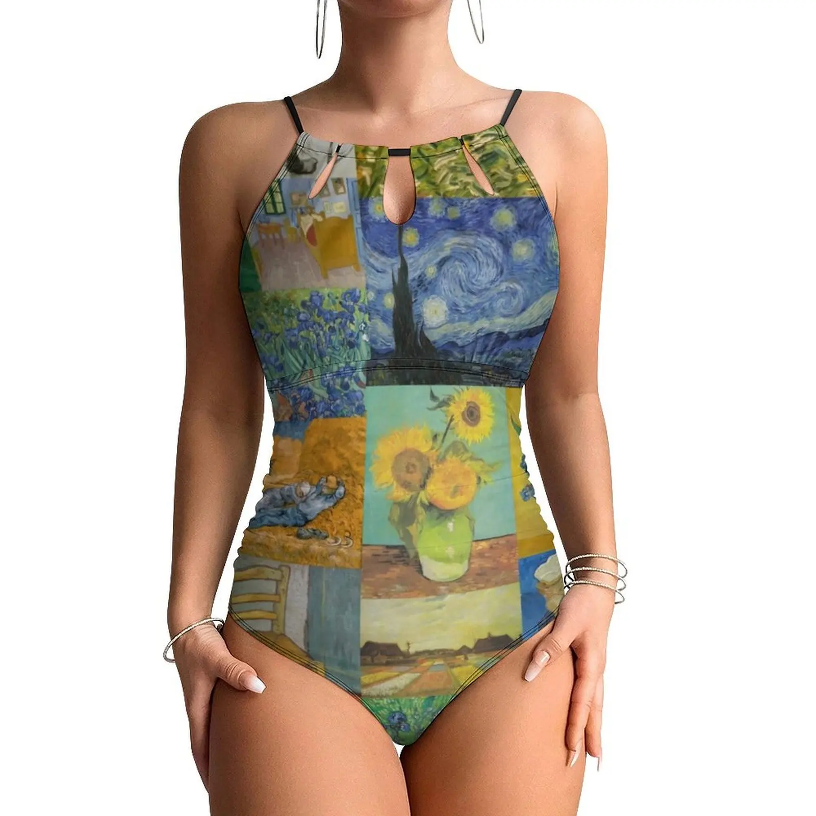

Van Gogh Collage Swimsuit Sexy Sunflowers Print Women Swimwear One-Piece Sweet Swimsuits Surfing Push Up Halter Monokini