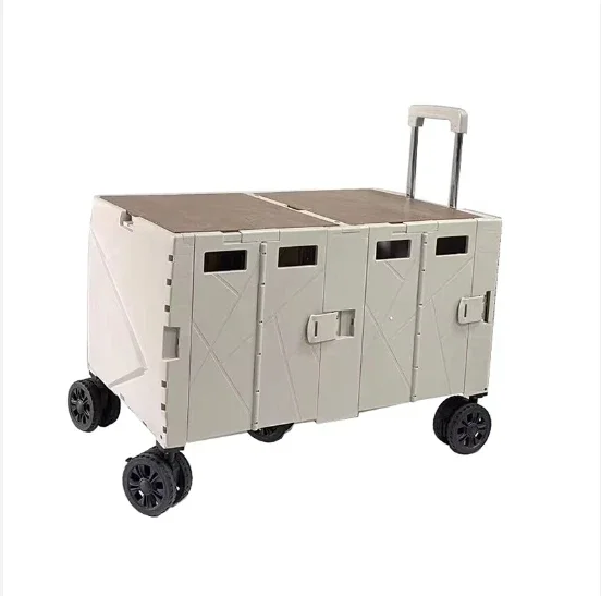 New Arrival 140L Trolley type Plastic outdoor Folding Portable camping shopping cart With wood Lid Heavy duty