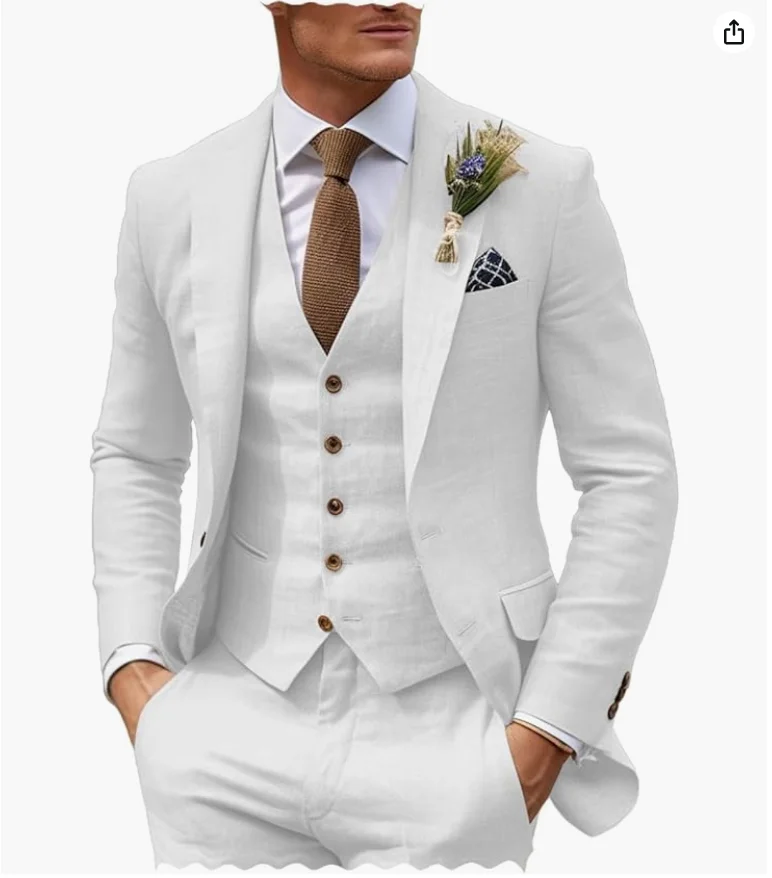 3 piece Linen Summer Men Suits for Wedding Groom Tuxedos 2024 Casual Beach Custom Man Suit Set Jacket Vest with Pants Man Fahion