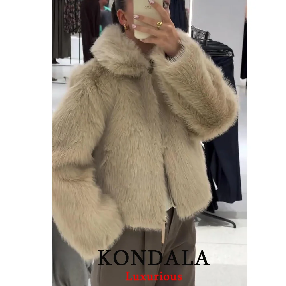 KONDALA Casual Faux Fur Zipper Jackets Long Sleeve Loose Vintage Turn Down Collar Coats Fashion 2025 Autumn Winter Thick Outwear