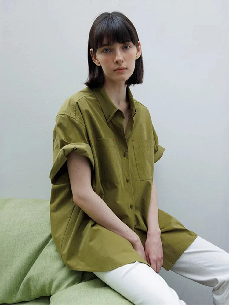 

Olive Green Short Sleeve Shirt Women's Loose Fit Long Shoulder Drop Shoulder Sleeve mid Sleeve Shirt Summer New Style Commute...