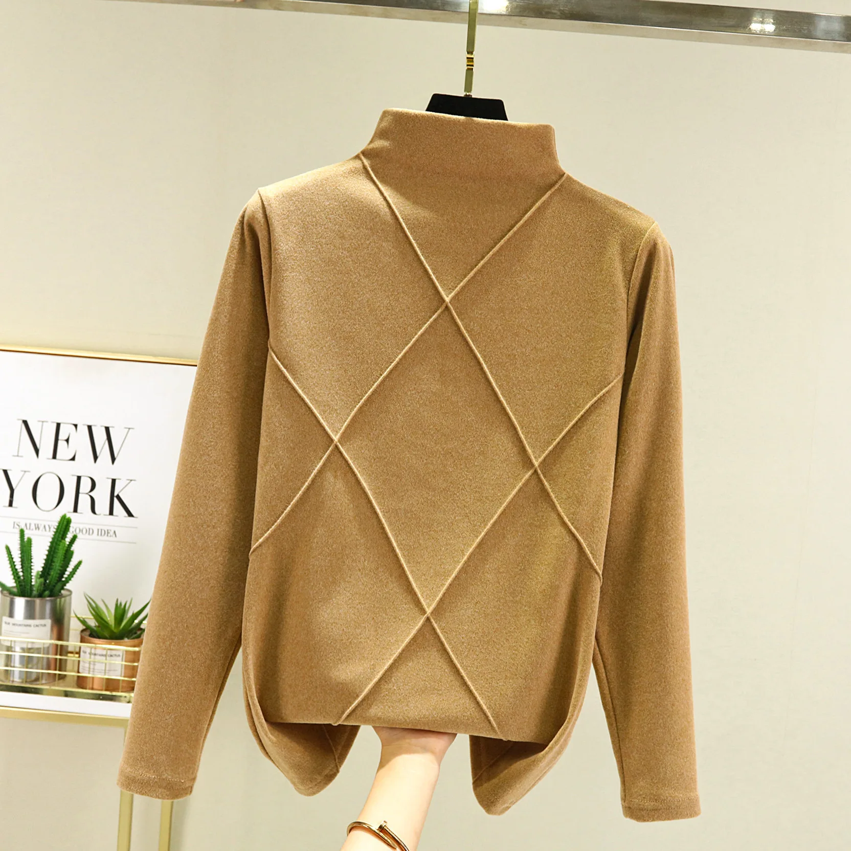 여성용 플리스 안감 하프 하이 칼라 긴팔 기본 셔츠 가을 겨울 보온 양면 플리스 티셔츠 편안한...