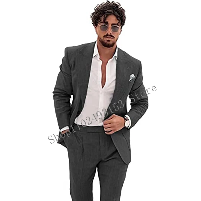 2023 New Arrival Linen Men Suits Slim Fit Peak Lapel 2 Pieces Formal Male Suits Groomsmen Wedding Tuxedos Costume Homme Mariage