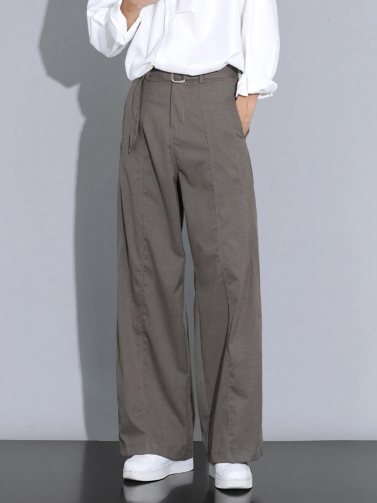 

American Retro Belted Loose Wide Leg Suit Pants Men's Street Straight Casual Trousers Youthful Dync Sle Polyester Viscos...