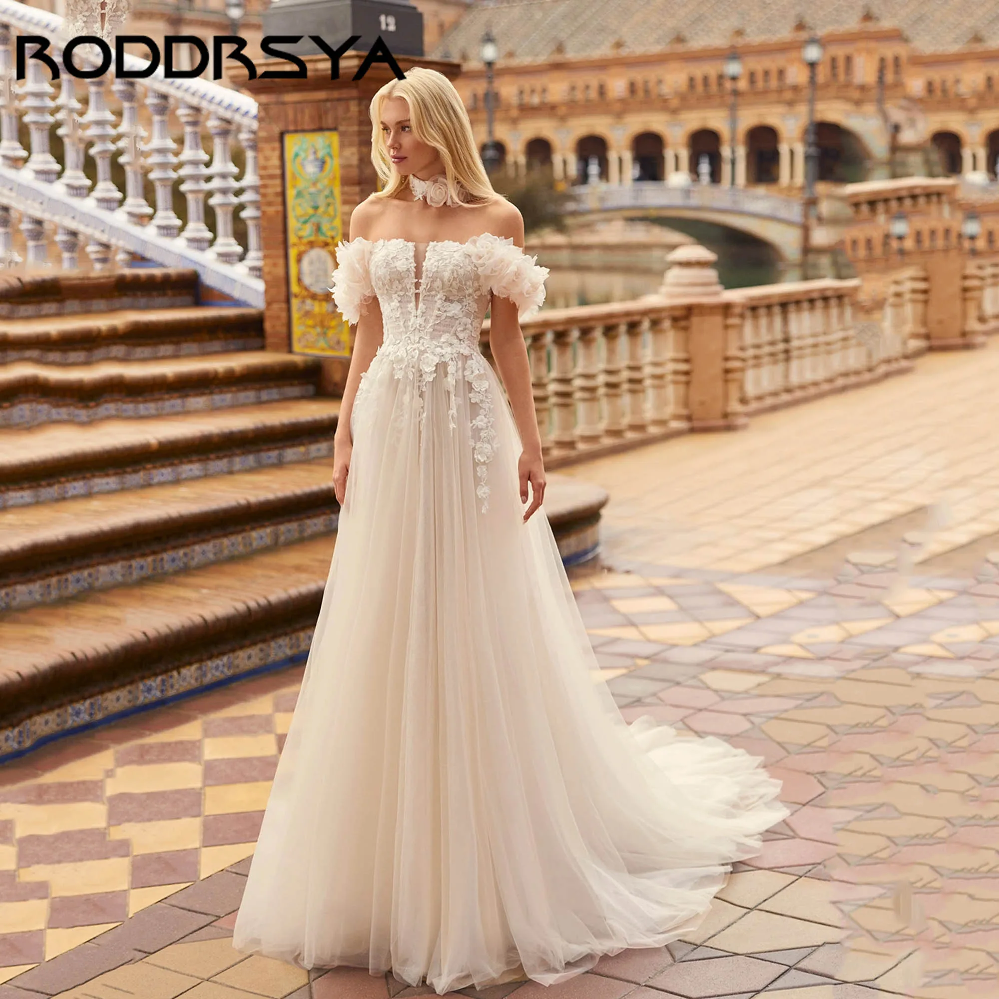 

RODDRSYA Princess A-line Bridal Dress 3D Flowers Off-shoulder Wedding Gown Romantic Appliques Tulle vestidos de novia Customized